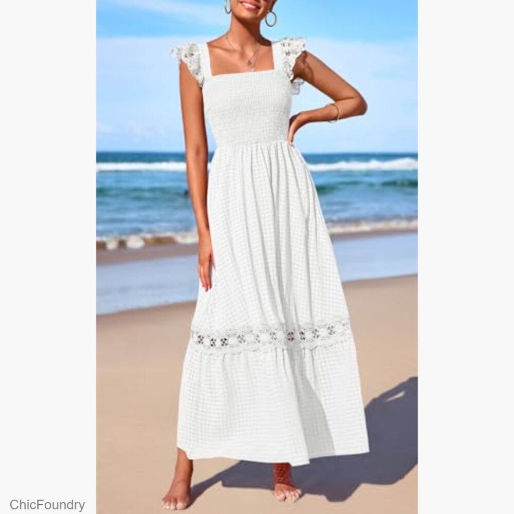Smocked Maxi Dress with Ruffle Cap Sleeves, Lace Detail, and Pockets - Picture 2 of 7
